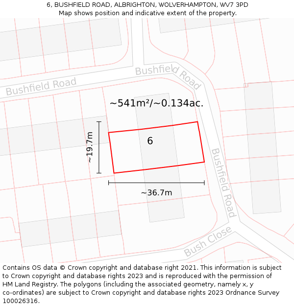 6, BUSHFIELD ROAD, ALBRIGHTON, WOLVERHAMPTON, WV7 3PD: Plot and title map