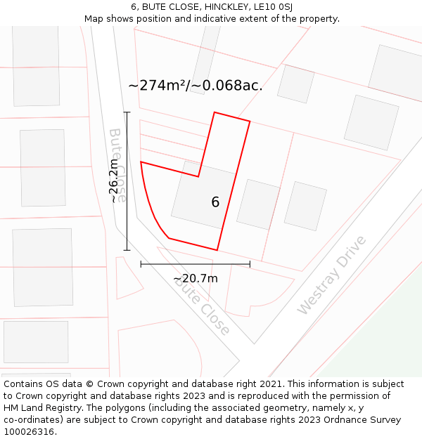 6, BUTE CLOSE, HINCKLEY, LE10 0SJ: Plot and title map