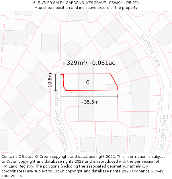 6, BUTLER SMITH GARDENS, KESGRAVE, IPSWICH, IP5 2FN: Plot and title map