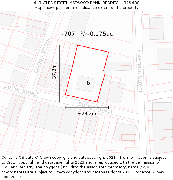 6, BUTLER STREET, ASTWOOD BANK, REDDITCH, B96 6BS: Plot and title map
