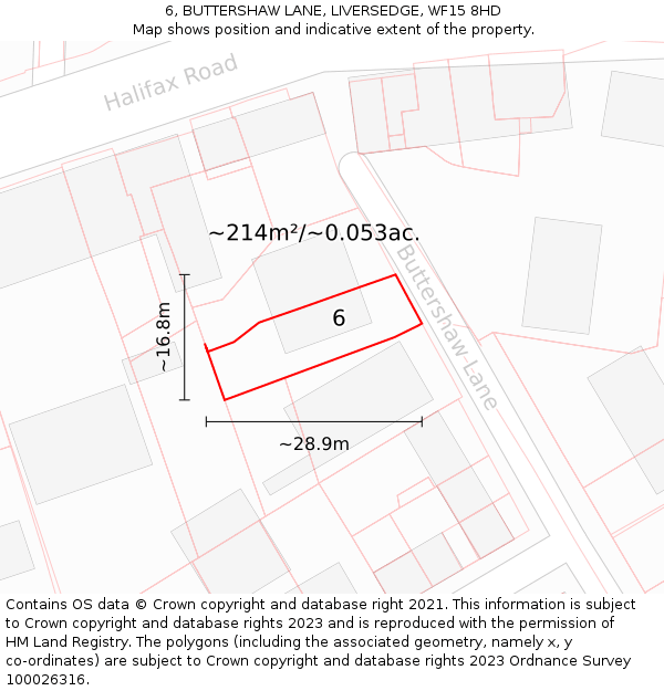 6, BUTTERSHAW LANE, LIVERSEDGE, WF15 8HD: Plot and title map