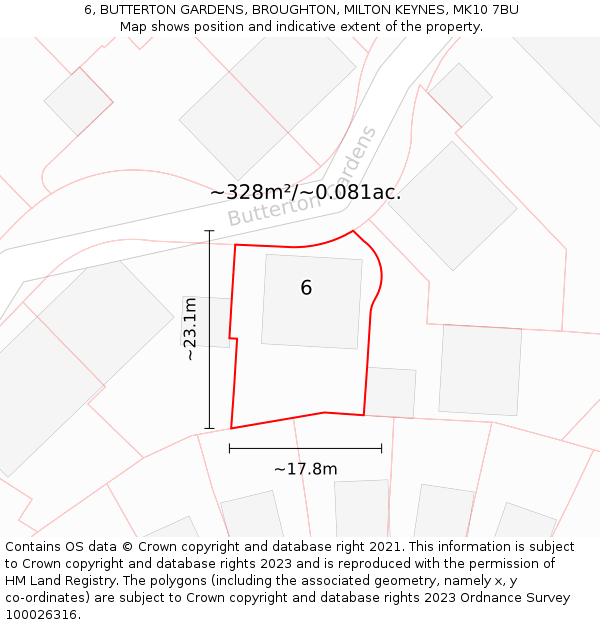 6, BUTTERTON GARDENS, BROUGHTON, MILTON KEYNES, MK10 7BU: Plot and title map