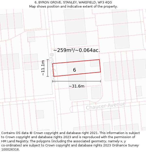 6, BYRON GROVE, STANLEY, WAKEFIELD, WF3 4QG: Plot and title map