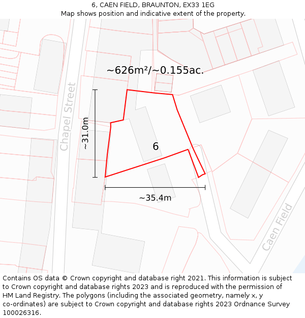 6, CAEN FIELD, BRAUNTON, EX33 1EG: Plot and title map