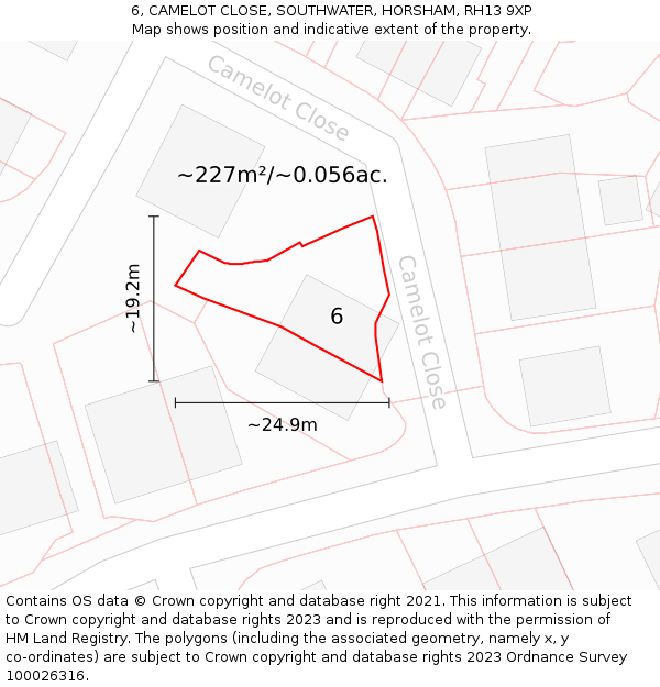 6, CAMELOT CLOSE, SOUTHWATER, HORSHAM, RH13 9XP: Plot and title map