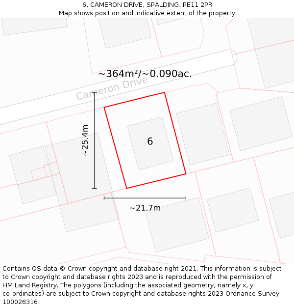 6, CAMERON DRIVE, SPALDING, PE11 2PR: Plot and title map