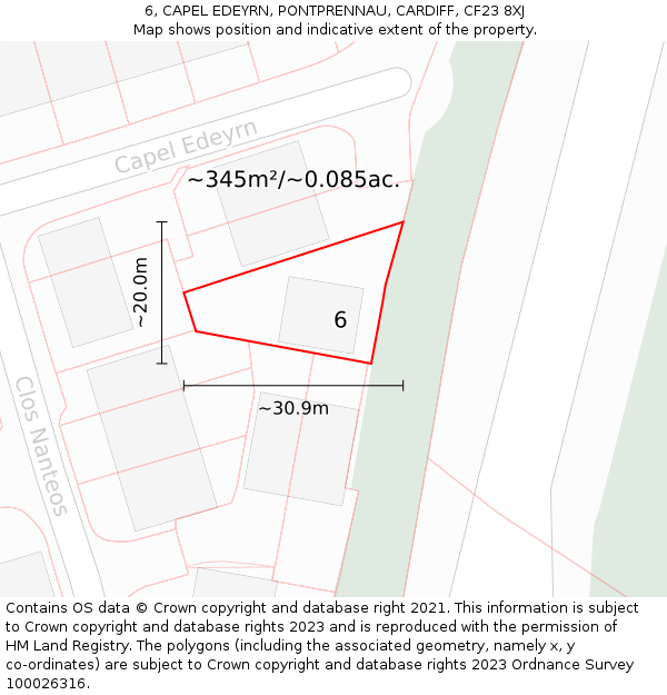 6, CAPEL EDEYRN, PONTPRENNAU, CARDIFF, CF23 8XJ: Plot and title map