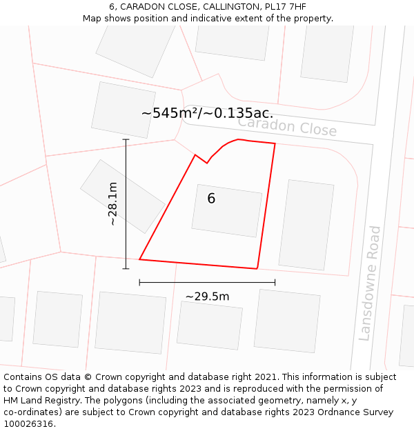 6, CARADON CLOSE, CALLINGTON, PL17 7HF: Plot and title map