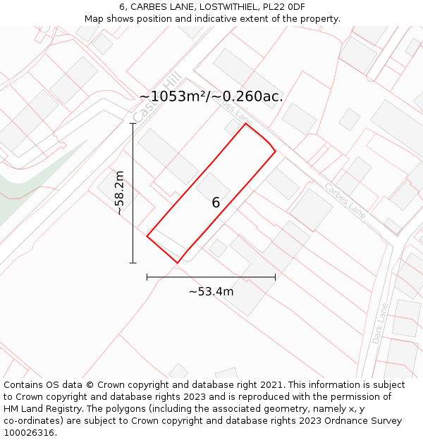 6, CARBES LANE, LOSTWITHIEL, PL22 0DF: Plot and title map