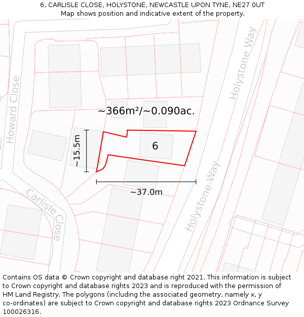 6, CARLISLE CLOSE, HOLYSTONE, NEWCASTLE UPON TYNE, NE27 0UT: Plot and title map