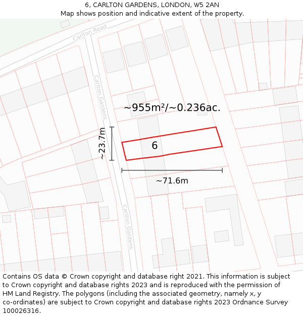 6, CARLTON GARDENS, LONDON, W5 2AN: Plot and title map