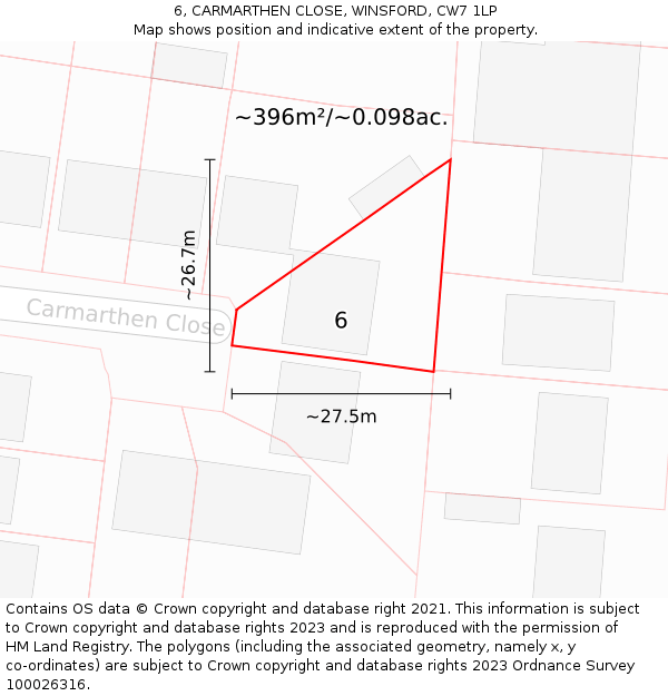 6, CARMARTHEN CLOSE, WINSFORD, CW7 1LP: Plot and title map