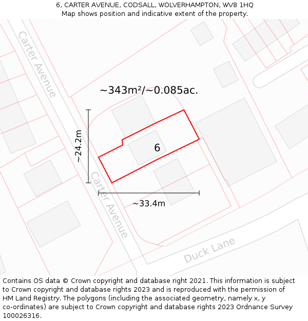 6, CARTER AVENUE, CODSALL, WOLVERHAMPTON, WV8 1HQ: Plot and title map