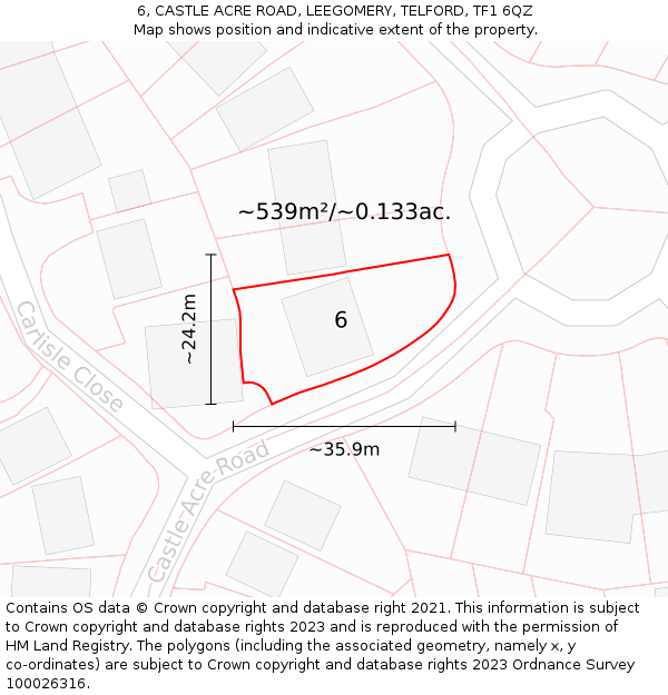 6, CASTLE ACRE ROAD, LEEGOMERY, TELFORD, TF1 6QZ: Plot and title map