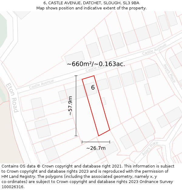 6, CASTLE AVENUE, DATCHET, SLOUGH, SL3 9BA: Plot and title map