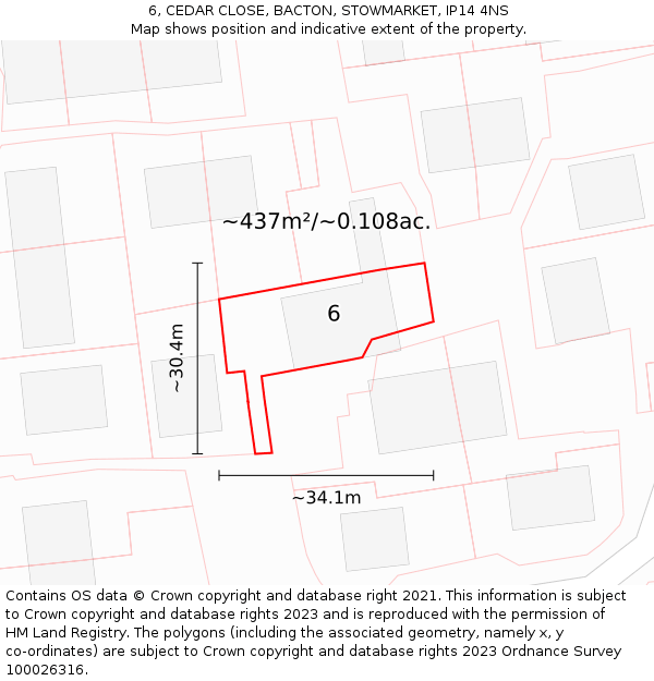 6, CEDAR CLOSE, BACTON, STOWMARKET, IP14 4NS: Plot and title map