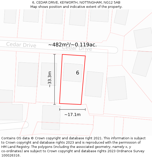 6, CEDAR DRIVE, KEYWORTH, NOTTINGHAM, NG12 5AB: Plot and title map