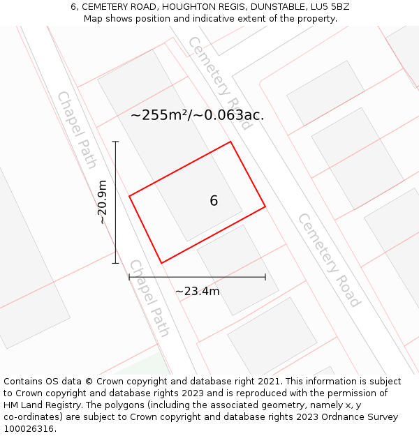 6, CEMETERY ROAD, HOUGHTON REGIS, DUNSTABLE, LU5 5BZ: Plot and title map