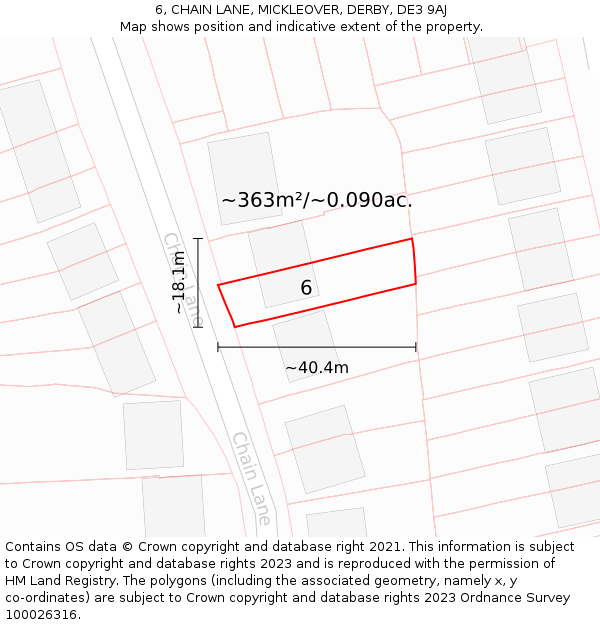 6, CHAIN LANE, MICKLEOVER, DERBY, DE3 9AJ: Plot and title map