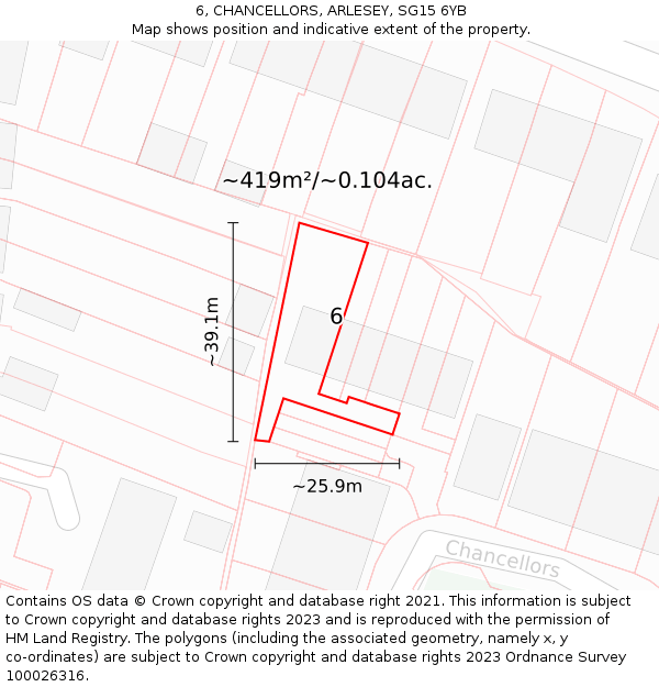 6, CHANCELLORS, ARLESEY, SG15 6YB: Plot and title map