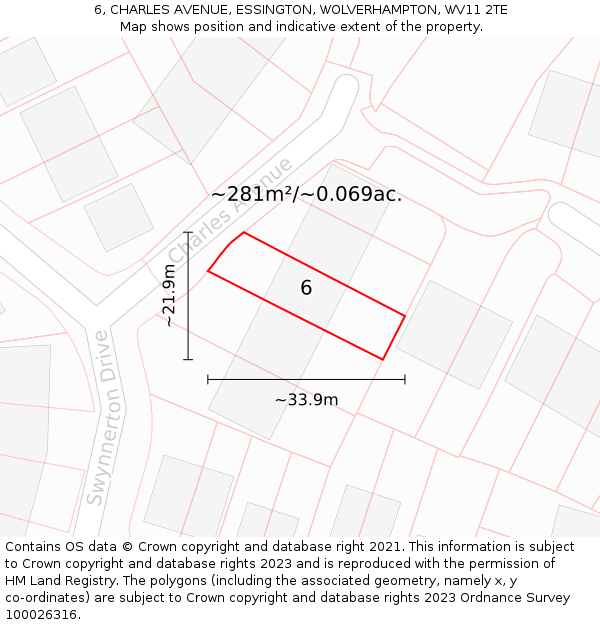 6, CHARLES AVENUE, ESSINGTON, WOLVERHAMPTON, WV11 2TE: Plot and title map