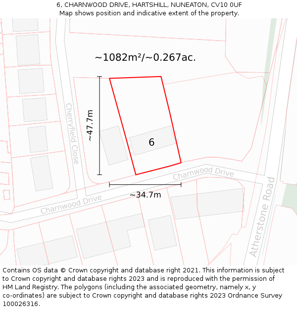 6, CHARNWOOD DRIVE, HARTSHILL, NUNEATON, CV10 0UF: Plot and title map