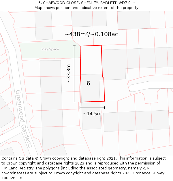 6, CHARWOOD CLOSE, SHENLEY, RADLETT, WD7 9LH: Plot and title map