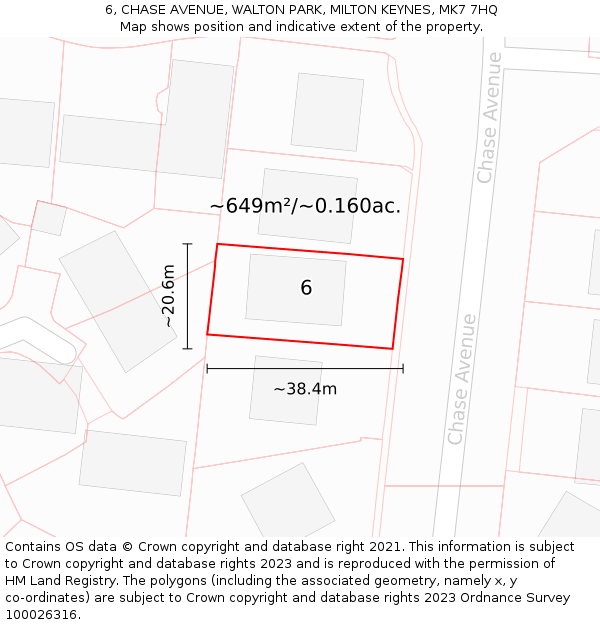 6, CHASE AVENUE, WALTON PARK, MILTON KEYNES, MK7 7HQ: Plot and title map