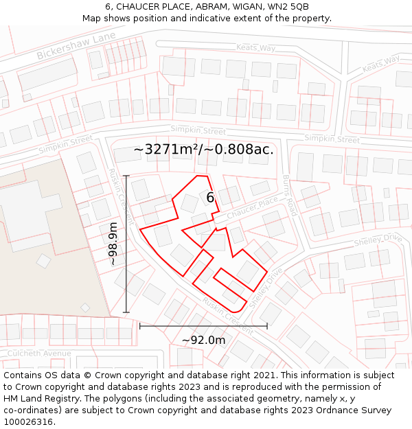 6, CHAUCER PLACE, ABRAM, WIGAN, WN2 5QB: Plot and title map