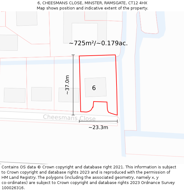 6, CHEESMANS CLOSE, MINSTER, RAMSGATE, CT12 4HX: Plot and title map