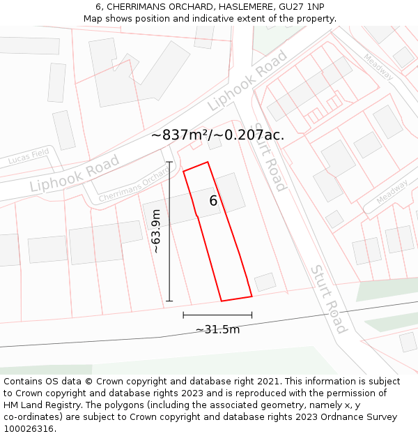 6, CHERRIMANS ORCHARD, HASLEMERE, GU27 1NP: Plot and title map