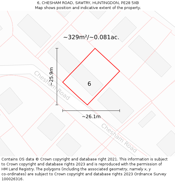 6, CHESHAM ROAD, SAWTRY, HUNTINGDON, PE28 5XB: Plot and title map