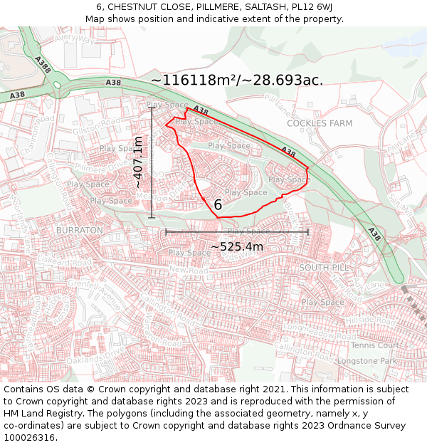 6, CHESTNUT CLOSE, PILLMERE, SALTASH, PL12 6WJ: Plot and title map