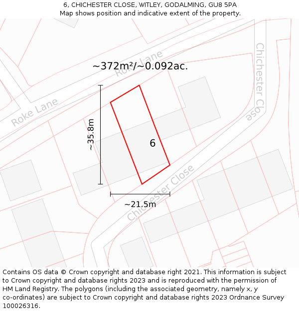 6, CHICHESTER CLOSE, WITLEY, GODALMING, GU8 5PA: Plot and title map