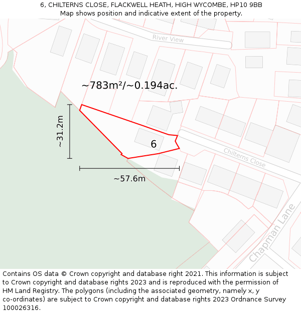 6, CHILTERNS CLOSE, FLACKWELL HEATH, HIGH WYCOMBE, HP10 9BB: Plot and title map