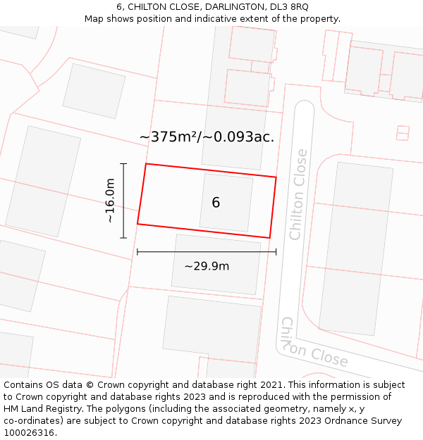 6, CHILTON CLOSE, DARLINGTON, DL3 8RQ: Plot and title map