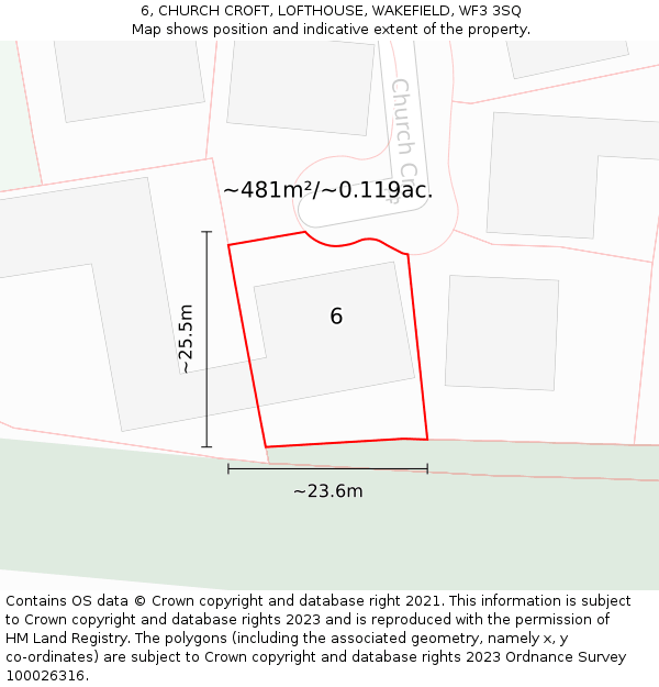 6, CHURCH CROFT, LOFTHOUSE, WAKEFIELD, WF3 3SQ: Plot and title map