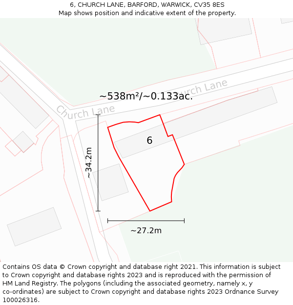 6, CHURCH LANE, BARFORD, WARWICK, CV35 8ES: Plot and title map