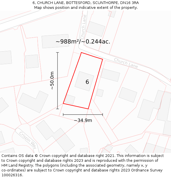 6, CHURCH LANE, BOTTESFORD, SCUNTHORPE, DN16 3RA: Plot and title map