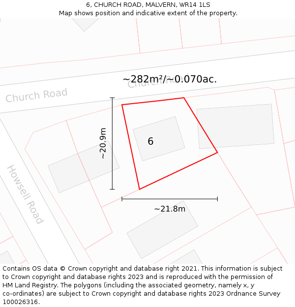 6, CHURCH ROAD, MALVERN, WR14 1LS: Plot and title map