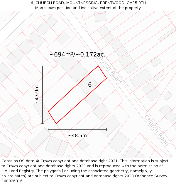 6, CHURCH ROAD, MOUNTNESSING, BRENTWOOD, CM15 0TH: Plot and title map