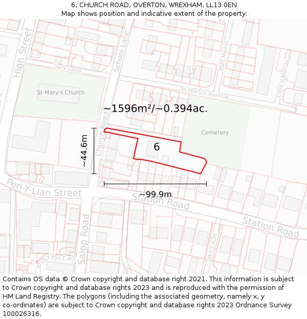 6, CHURCH ROAD, OVERTON, WREXHAM, LL13 0EN: Plot and title map