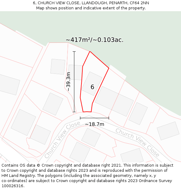 6, CHURCH VIEW CLOSE, LLANDOUGH, PENARTH, CF64 2NN: Plot and title map