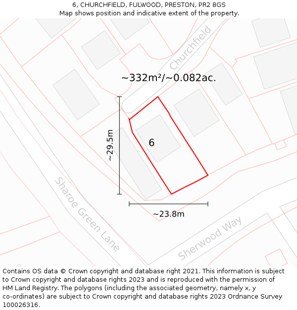 6, CHURCHFIELD, FULWOOD, PRESTON, PR2 8GS: Plot and title map