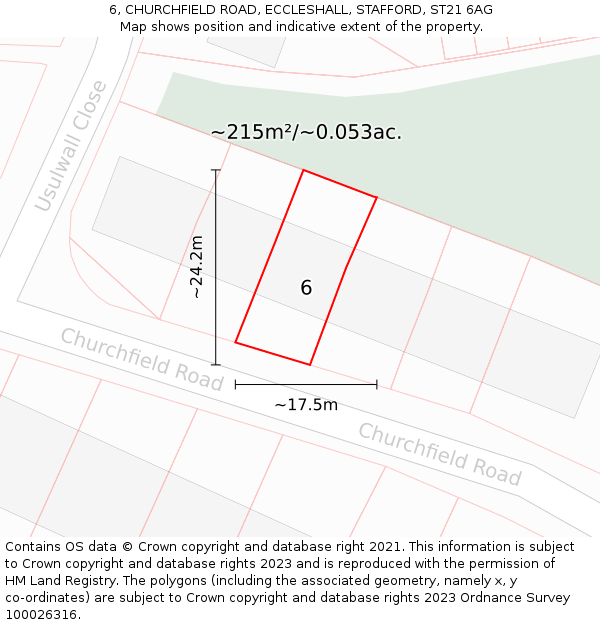6, CHURCHFIELD ROAD, ECCLESHALL, STAFFORD, ST21 6AG: Plot and title map