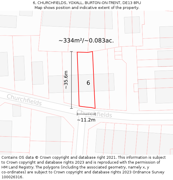 6, CHURCHFIELDS, YOXALL, BURTON-ON-TRENT, DE13 8PU: Plot and title map