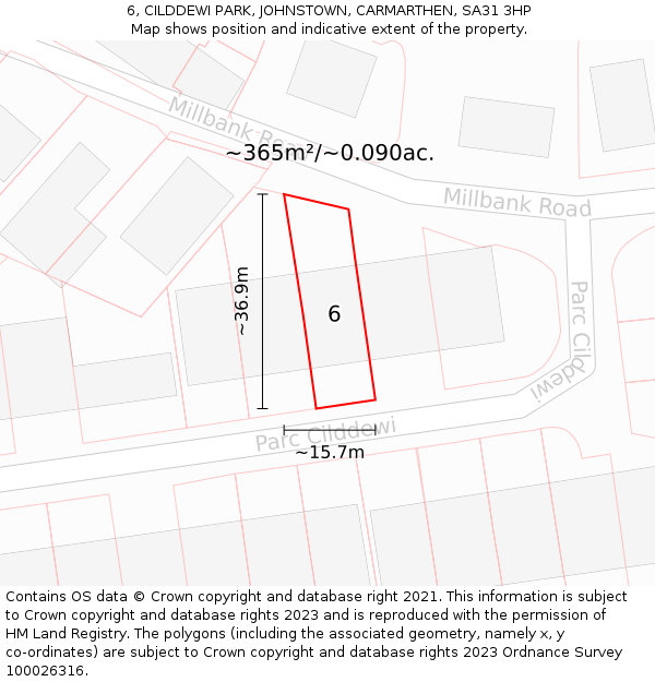 6, CILDDEWI PARK, JOHNSTOWN, CARMARTHEN, SA31 3HP: Plot and title map