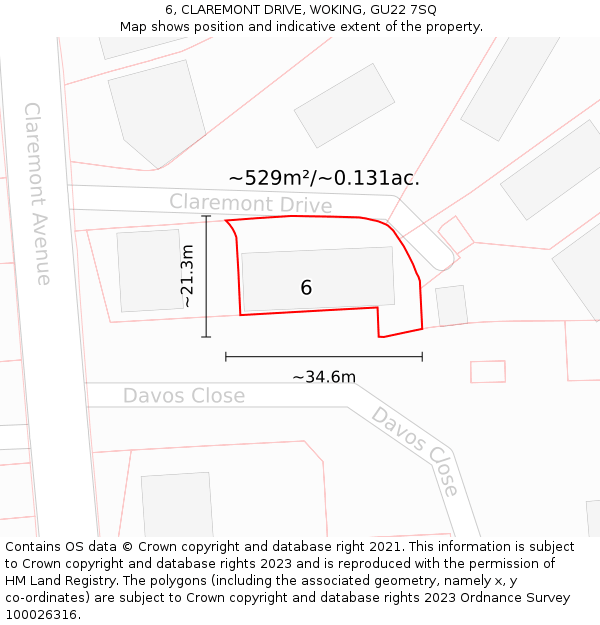 6, CLAREMONT DRIVE, WOKING, GU22 7SQ: Plot and title map