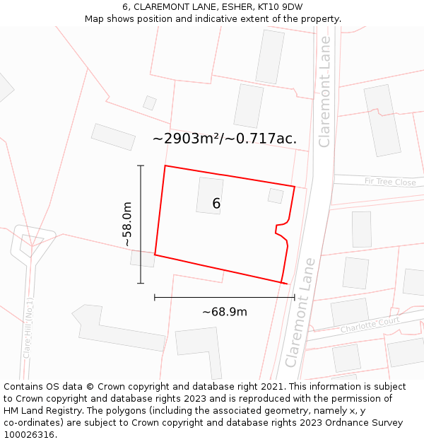 6, CLAREMONT LANE, ESHER, KT10 9DW: Plot and title map