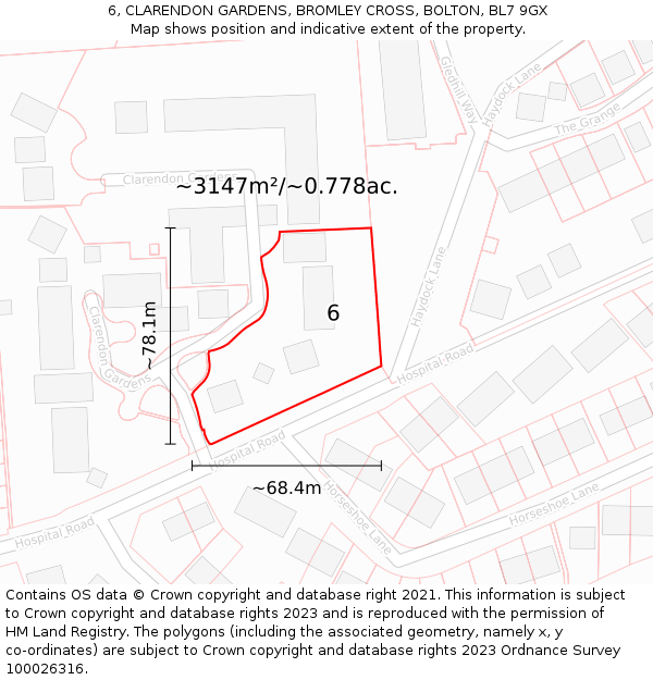 6, CLARENDON GARDENS, BROMLEY CROSS, BOLTON, BL7 9GX: Plot and title map